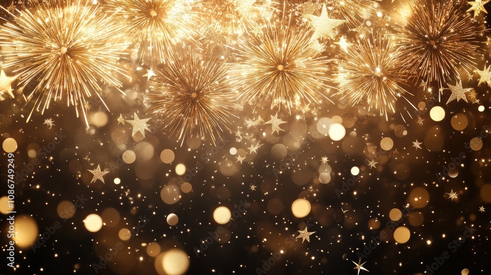 golden festive fireworks in the night sky. New Year's fireworks in the city golden festive fireworks in the night sky. New Year's fireworks in the city