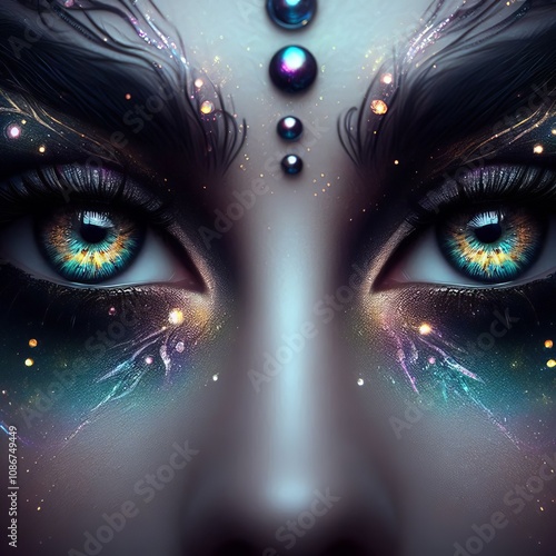 Eyes highlighted with mystical colors or patterns enhancing a fa photo