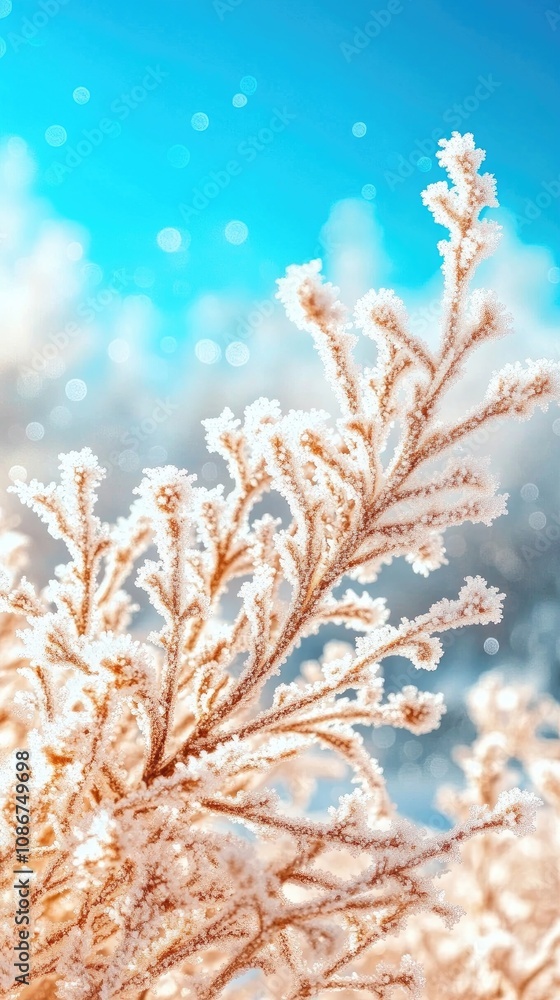 Naklejka premium Delicate hoarfrost adorns pine branches in a winter forest against a serene blue sky