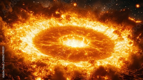 A fiery ring of bright orange and yellow flames radiates outward, creating a dramatic and explosive visual effect against a dark background.