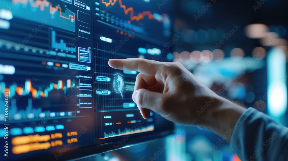 Close-up of a hand pointing at a digital financial dashboard on a screen, showcasing graphs, charts, and data analytics in a futuristic setup. Close-up of a hand pointing at a digital financial dashboard on a screen, showcasing graphs, charts, and data analytics in a futuristic setup.