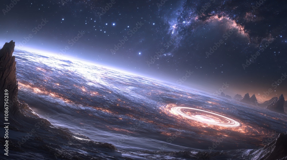 Naklejka premium A stunning cosmic scene depicting a distant planet surrounded by swirling galaxies and starry skies, evoking a sense of wonder and exploration.