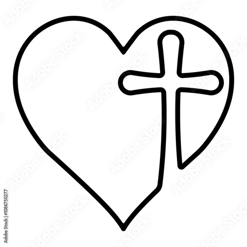 Black line drawing heart with cross inside, representing faith love