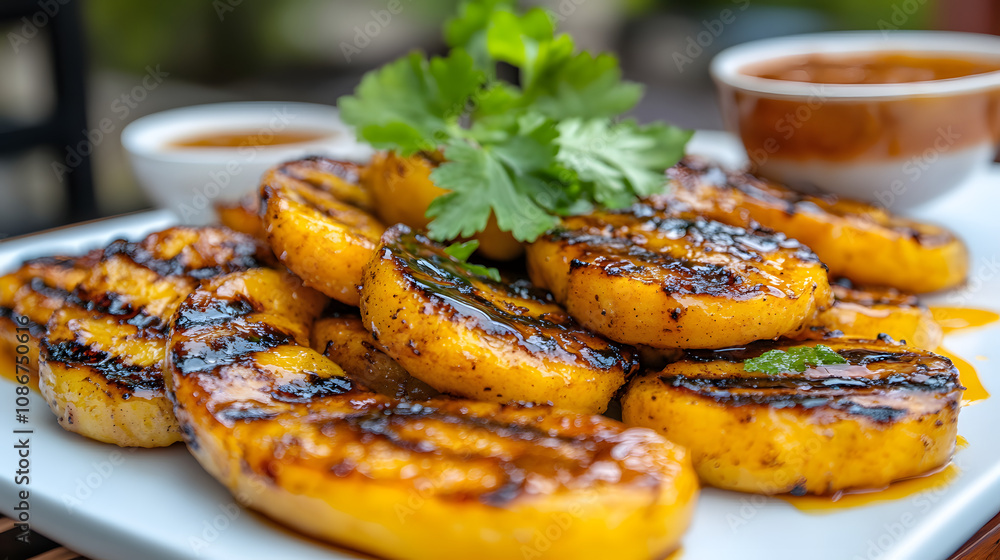 Luscious Grilled Plantains with Honey Glaze Accompanied by a Spicy Dipping Sauce for an Indulgent Snack Luscious Grilled Plantains with Honey Glaze Accompanied by a Spicy Dipping Sauce for an Indulgent Snack