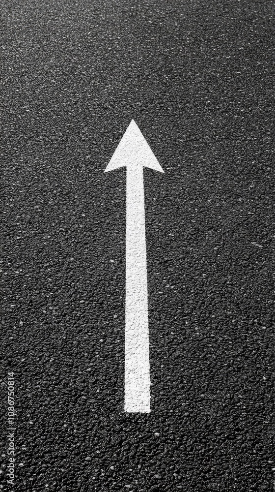 A solitary white arrow on an empty asphalt road guiding travelers through a timeless landscape in a captivating black and white aesthetic A solitary white arrow on an empty asphalt road guiding travelers through a timeless landscape in a captivating black and white aesthetic