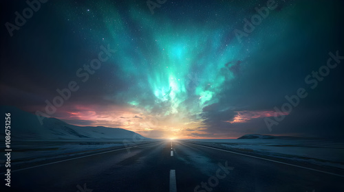 A breathtaking night sky illuminates a desolate road, showcasing vibrant auroras and a dramatic sunset, creating a serene yet awe-inspiring atmosphere.
