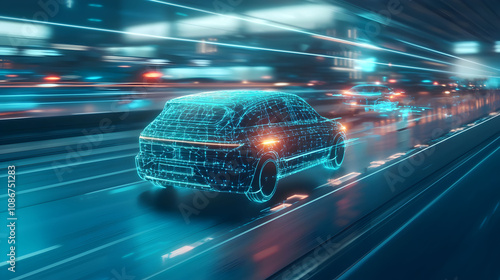 A futuristic car is depicted in a neon digital style while moving quickly through a blurred urban environment, showcasing speed and technology.