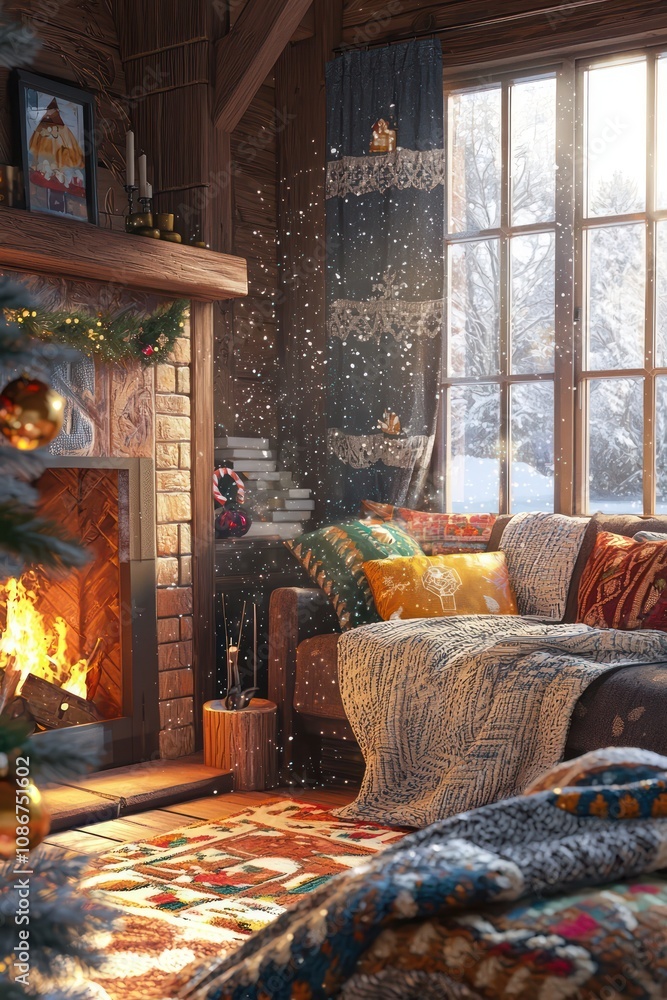 Warm country home ambiance with knitted blankets, a fireplace, and holiday decor. Warm country home ambiance with knitted blankets, a fireplace, and holiday decor.