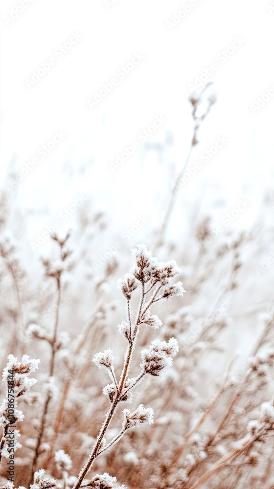 Snow-covered grass and frosted foliage create a serene winter landscape in a tranquil forest setting Snow-covered grass and frosted foliage create a serene winter landscape in a tranquil forest setting