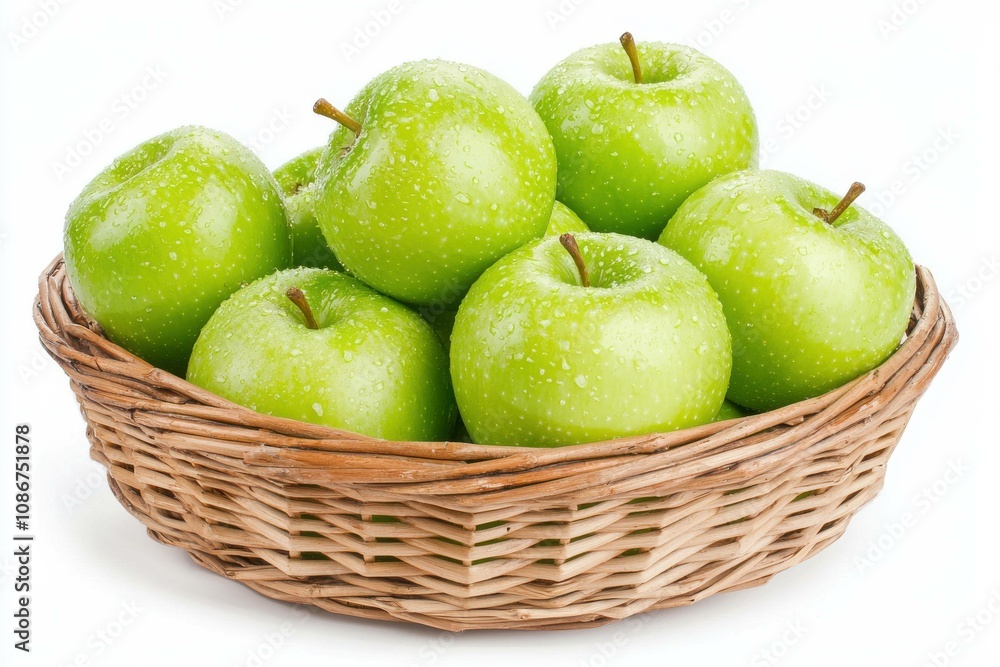 Fresh Green Apples in a Woven Basket with Water Droplets on a White Background, Perfect for Health and Food Themes Fresh Green Apples in a Woven Basket with Water Droplets on a White Background, Perfect for Health and Food Themes