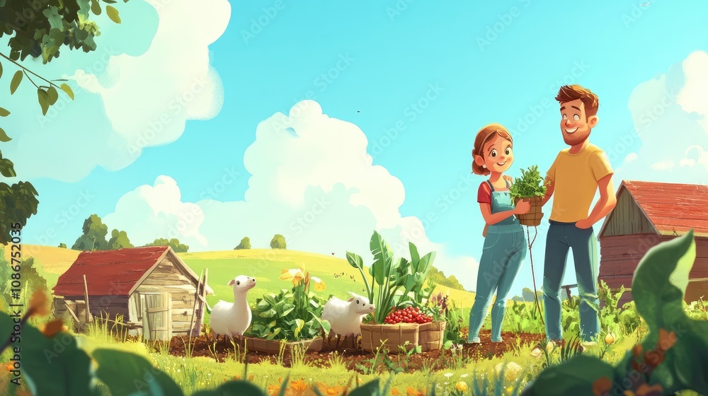 Obraz premium Cheerful Young Couple Harvesting Fresh Vegetables on a Sunny Day in a Lush Green Farm Landscape with Animals and Vibrant Plants