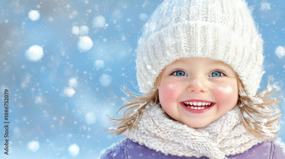Joyful little girl playing in the snow wearing a white winter hat and purple jacket in a beautiful winter park setting Joyful little girl playing in the snow wearing a white winter hat and purple jacket in a beautiful winter park setting