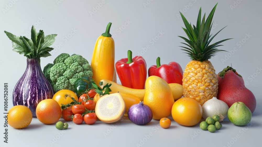 A vibrant assortment of fresh fruits and vegetables, showcasing a rainbow of colors and textures on a soft gray background. A vibrant assortment of fresh fruits and vegetables, showcasing a rainbow of colors and textures on a soft gray background.
