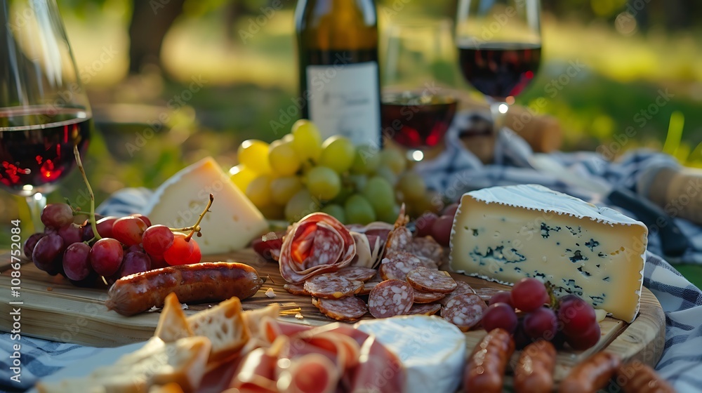 Summer picnic with cheese and sausages paired with red and white wine Summer picnic with cheese and sausages paired with red and white wine