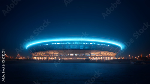 A modern stadium illuminated at night, featuring a striking blue light around its perimeter, reflecting a vibrant atmosphere and architectural design.
