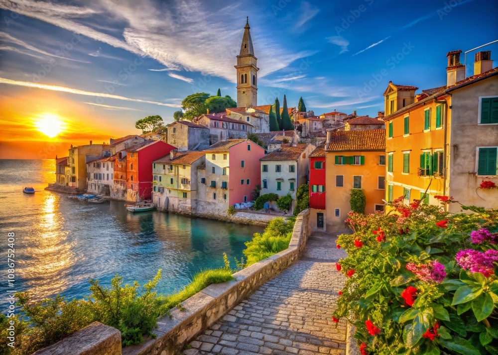 Fototapeta premium Candid Photography of Rovinj's Charming Streets, Old Buildings, and Vibrant Life in Istria, Croatia, Showcasing the Unique Architecture and Coastal Scenery of This Historic Village