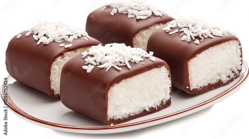 Decadent chocolate-covered coconut candy rolls displayed elegantly on a fine plate against a neutral background Decadent chocolate-covered coconut candy rolls displayed elegantly on a fine plate against a neutral background