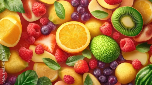 Wallpaper Mural A vibrant assortment of fresh fruits including lemons, raspberries, and kiwis, arranged with green leaves for a refreshing look. Torontodigital.ca