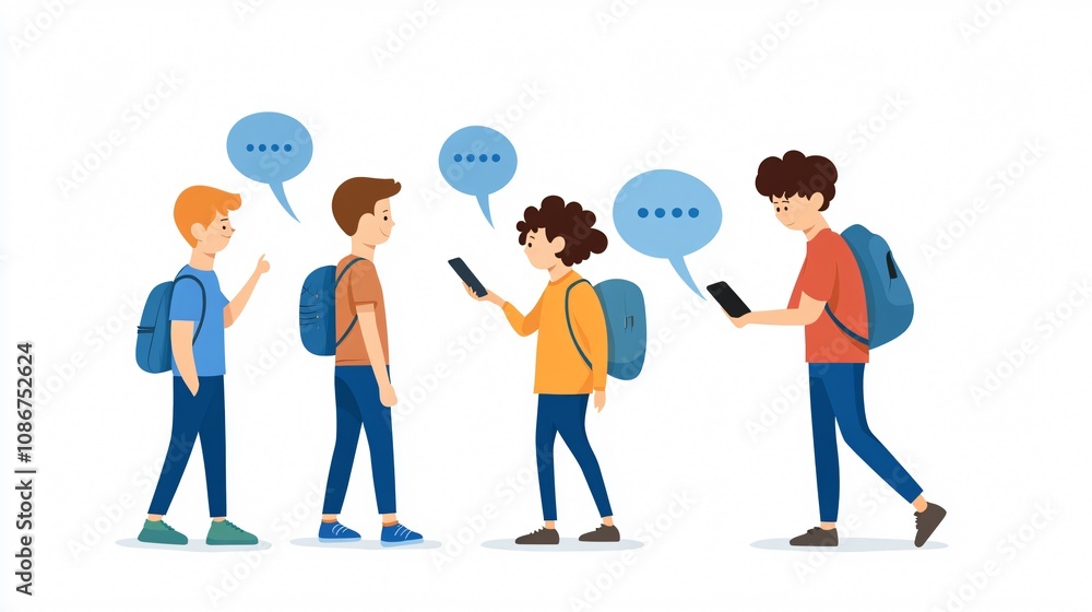 A group of four cartoon characters with backpacks engages in conversation, using smartphones and speech bubbles to communicate. A group of four cartoon characters with backpacks engages in conversation, using smartphones and speech bubbles to communicate.