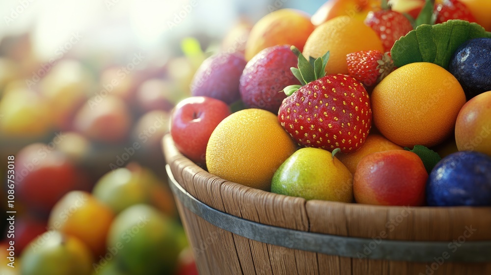 A vibrant assortment of fresh fruits, including strawberries and citrus, arranged in a rustic wooden basket. A vibrant assortment of fresh fruits, including strawberries and citrus, arranged in a rustic wooden basket.