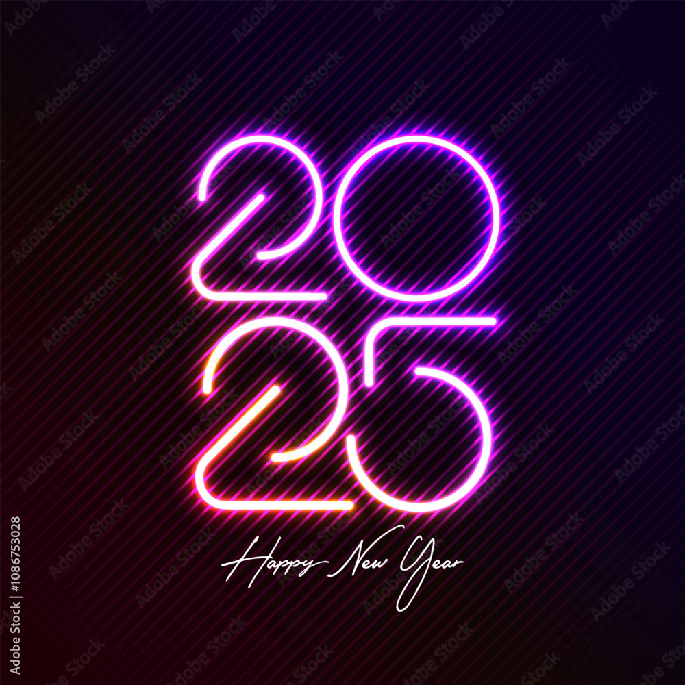 Happy New Year 2025 Illustration with Glowing Neon Light Number on Dark Background. Vector Christmas Holiday Season Design for Flyer, Greeting Card, Banner, Celebration Poster, Party Invitation Happy New Year 2025 Illustration with Glowing Neon Light Number on Dark Background. Vector Christmas Holiday Season Design for Flyer, Greeting Card, Banner, Celebration Poster, Party Invitation