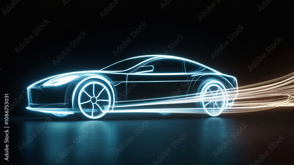 Fototapeta premium Sleek car silhouette with glowing neon light trails on a black background.