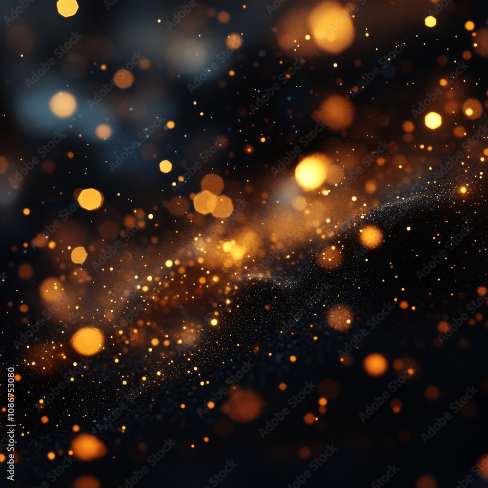 Fototapeta premium Golden particles swirling and creating a magical bokeh effect on a dark background, perfect for luxury, festive, or celebratory designs
