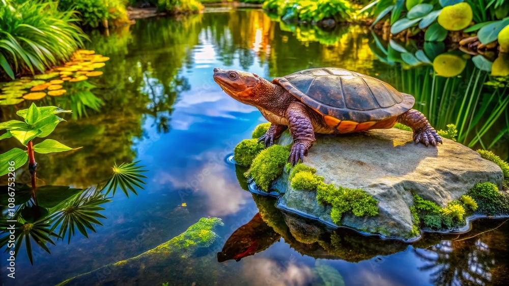 Obraz premium Captivating Aerial View of a Dragon Snapping Turtle in Its Natural Habitat, Showcasing Unique Features and Surroundings from Above