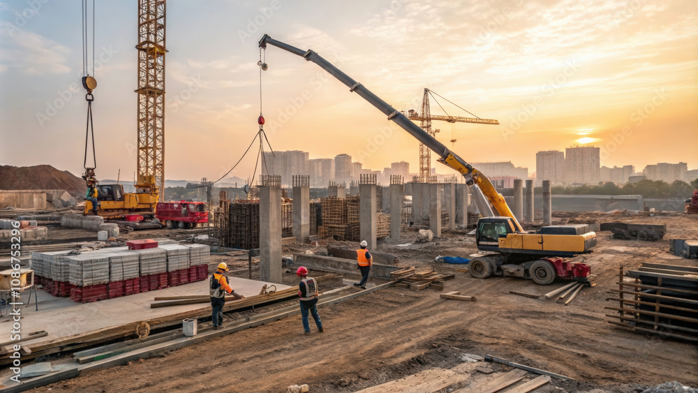 Construction site with cranes lifting materials at sunset