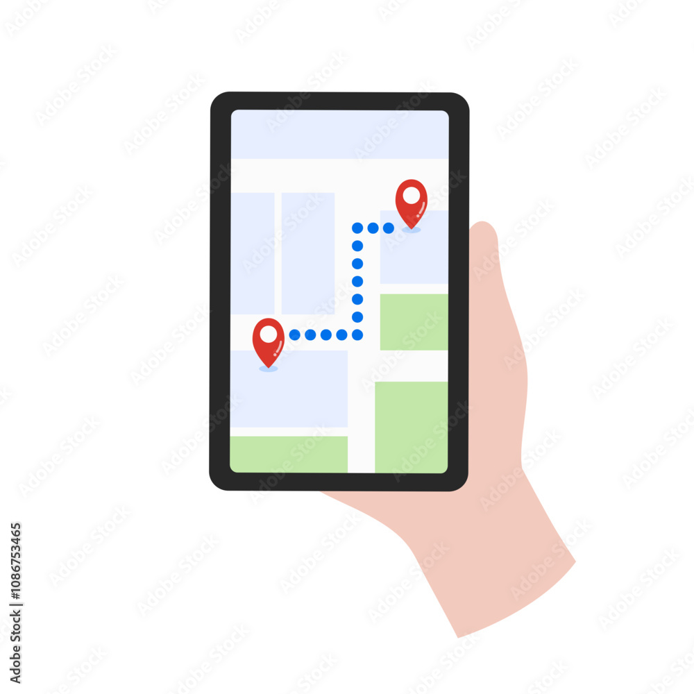Hand holding phone screen with pin mark map. Navigation, technology, gps, location, distance, direction guidance concepts. Flat vector design isolated illustration. Hand holding phone screen with pin mark map. Navigation, technology, gps, location, distance, direction guidance concepts. Flat vector design isolated illustration.