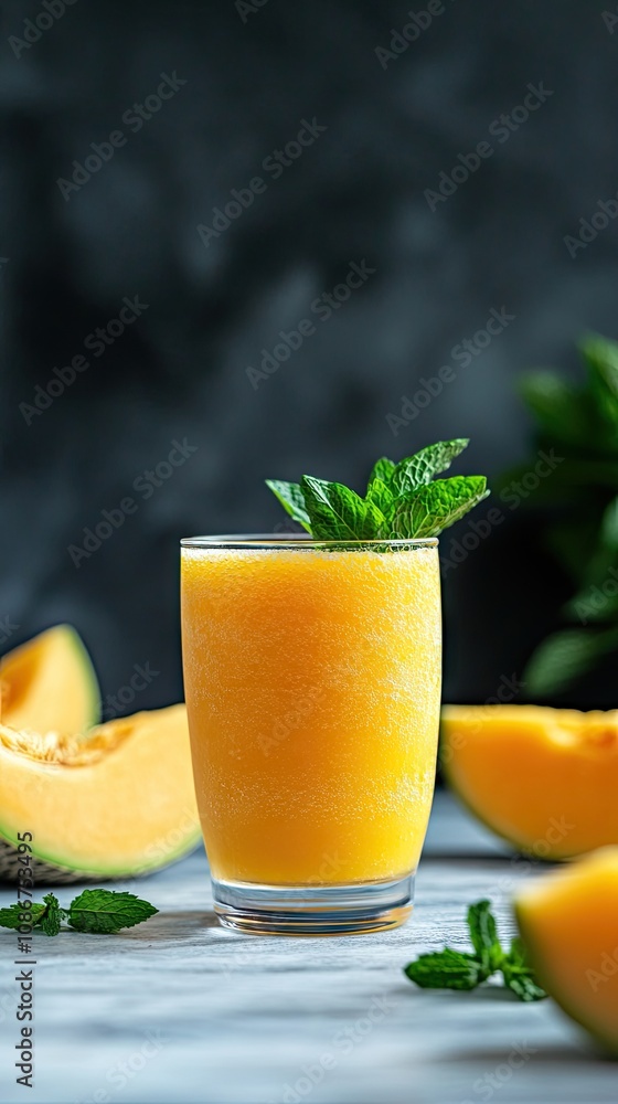 Fototapeta premium Refreshing glass of orange and pumpkin juice surrounded by fresh fruits and mint on a rustic wooden surface