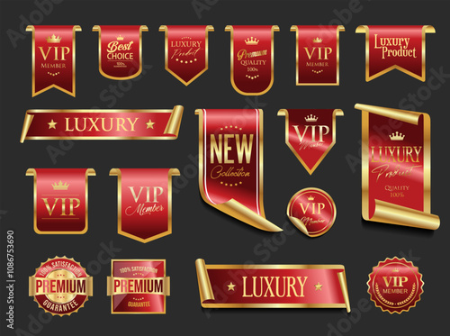 VIP and premium emblem red and gold isolated on gray background 