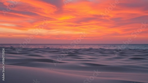 A vibrant orange hue permeates the sky as day transitions to night, illuminating a vast expanse of rolling sand and shimmering water, ocean, nature, dunes