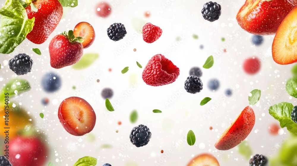 A vibrant mix of fresh fruits, including strawberries, raspberries, blackberries, and plums, surrounded by green leaves. A vibrant mix of fresh fruits, including strawberries, raspberries, blackberries, and plums, surrounded by green leaves.