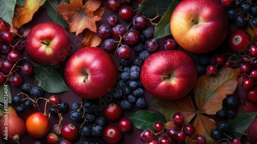 A vibrant arrangement of red apples, grapes, and colorful autumn leaves against a rich backdrop.