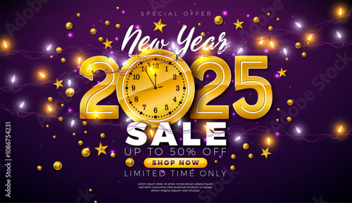 Happy New Year Sale 2025 Design with Gold Typography Lettering, Clock and Light Garland on Violet Background. Holiday Special Offer Campaign Discount Illustration for Coupon, Voucher, Banner, Flyer