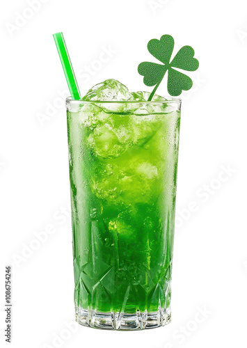 Green cocktail in tall glass with shamrock garnish, symbol of celebration