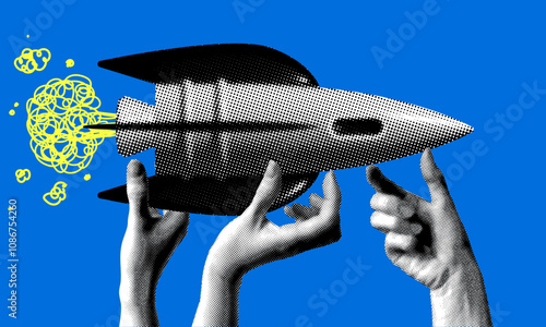 Teamwork concept. Halftone hands launching rocket. Modern collage with hands holding rocketship. Business startup, new project. Cooperation concept