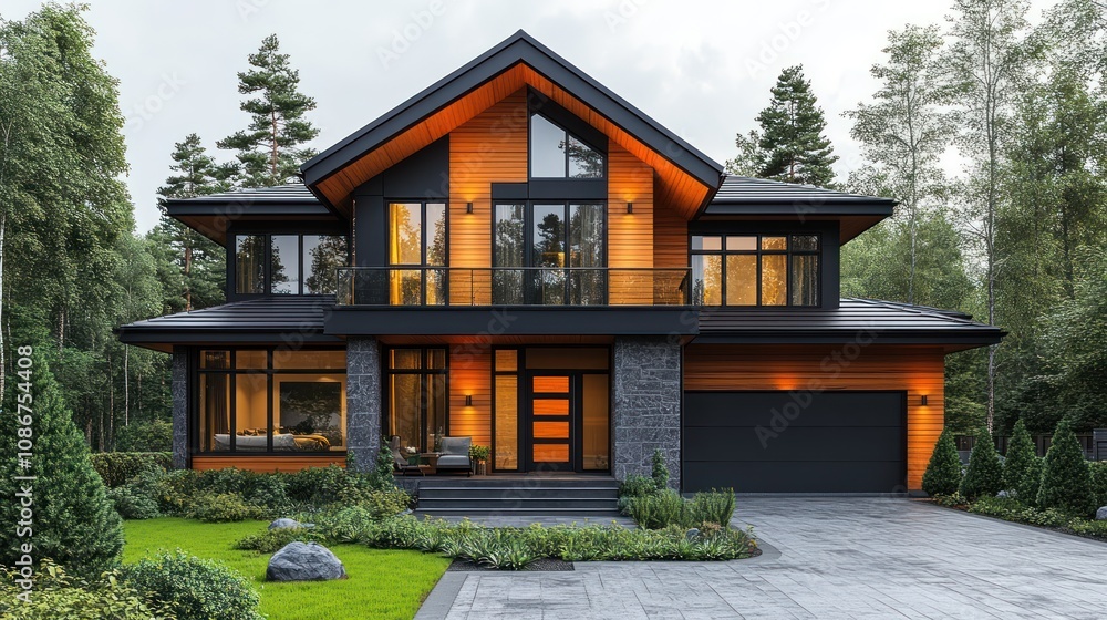 3D model of a suburban home with a large driveway and modern architectural details, isolated on white.