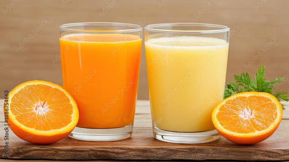 Refreshing orange and carrot juice served in clear glasses with fresh citrus fruits on a rustic wooden board Refreshing orange and carrot juice served in clear glasses with fresh citrus fruits on a rustic wooden board