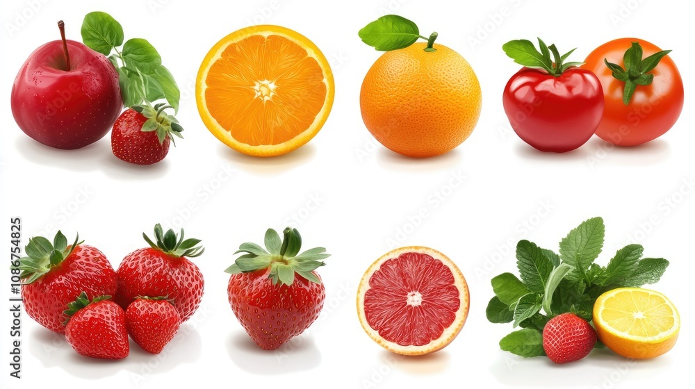Fresh assortment of fruits and herbs, including red apple, strawberries, oranges, and tomatoes, showcasing vibrant colors. Fresh assortment of fruits and herbs, including red apple, strawberries, oranges, and tomatoes, showcasing vibrant colors.