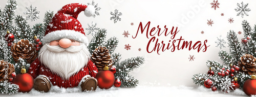 wide panoramic Christmas cover illustration with merry christmas title on it, funny gnome with red hat and white beard at side 