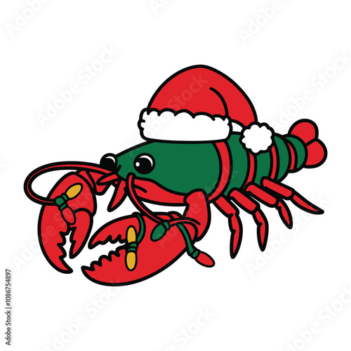 Christmas Lobster with Santa Hat and Lights Illustration