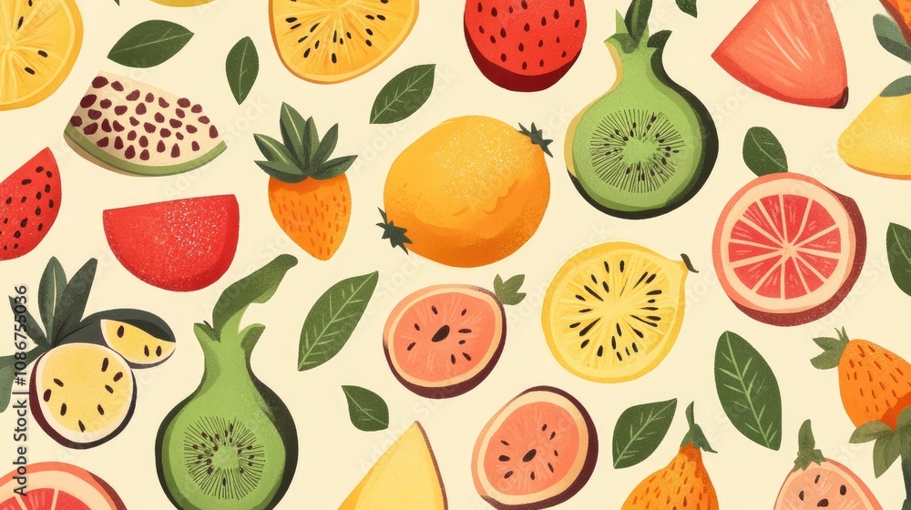 A vibrant array of illustrated fruits including lemons, strawberries, and guavas on a light background. A vibrant array of illustrated fruits including lemons, strawberries, and guavas on a light background.