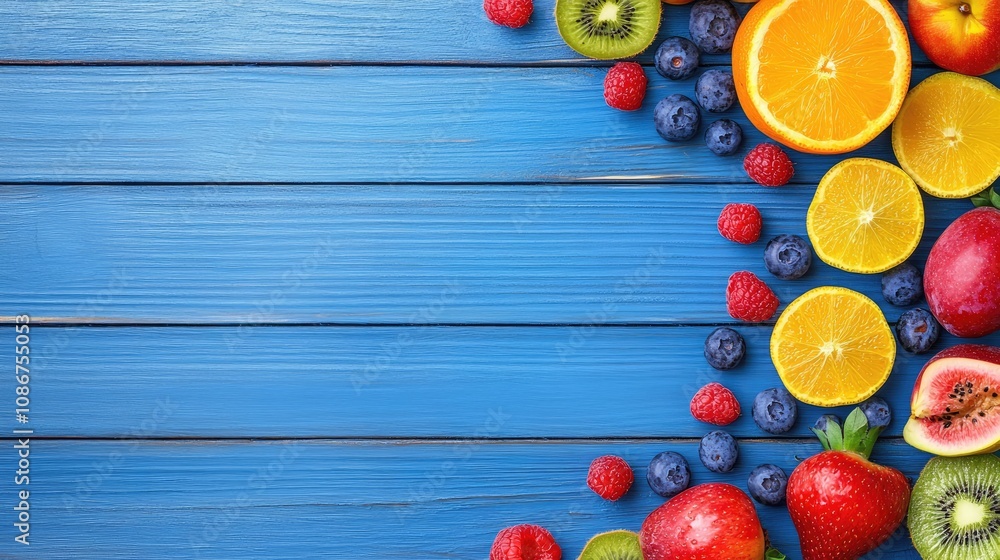 An array of colorful fruits artfully arranged on a blue wooden background, featuring strawberries, oranges, and kiwis. An array of colorful fruits artfully arranged on a blue wooden background, featuring strawberries, oranges, and kiwis.