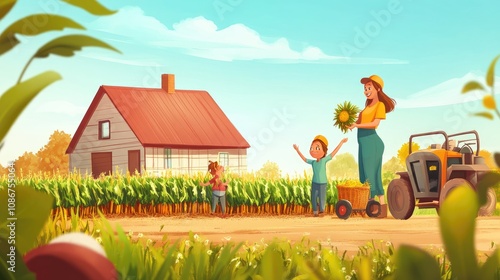 Happy Family Farming Together in a Vibrant Rural Setting with Sunflowers, Crops, and a Tractor, Capturing the Essence of Agriculture and Nature in Beautiful Harmony