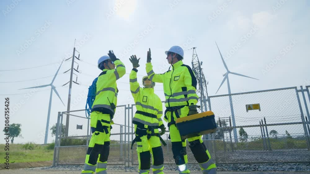 An engineer wearing safety gear closely inspects the base of a wind turbine in a renewable energy field. An engineer wearing safety gear closely inspects the base of a wind turbine in a renewable energy field.