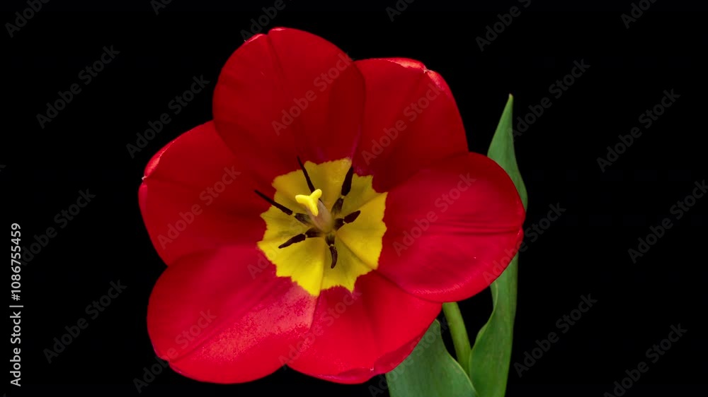 Timelapse of red tulip flower blooming on black background. Easter, spring, valentine's day, holidays concept Timelapse of red tulip flower blooming on black background. Easter, spring, valentine's day, holidays concept