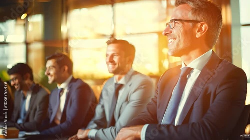 Confident Business Leader Smiling in Boardroom Meeting at Sunset Sunrise with Team in Background with Light Flare – Corporate Success and Leadership Concept