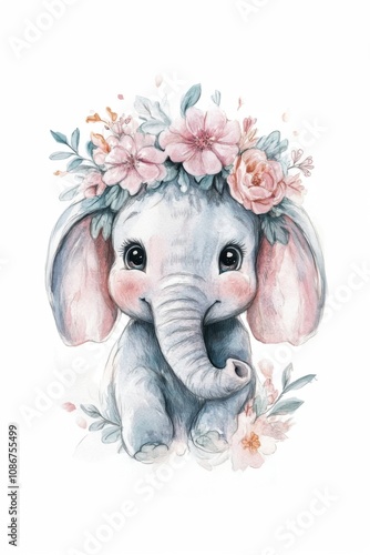 Adorable watercolor elephant portrait with a flower crown celebrating nature’s charm in dreamy pastel colors. Generative AI